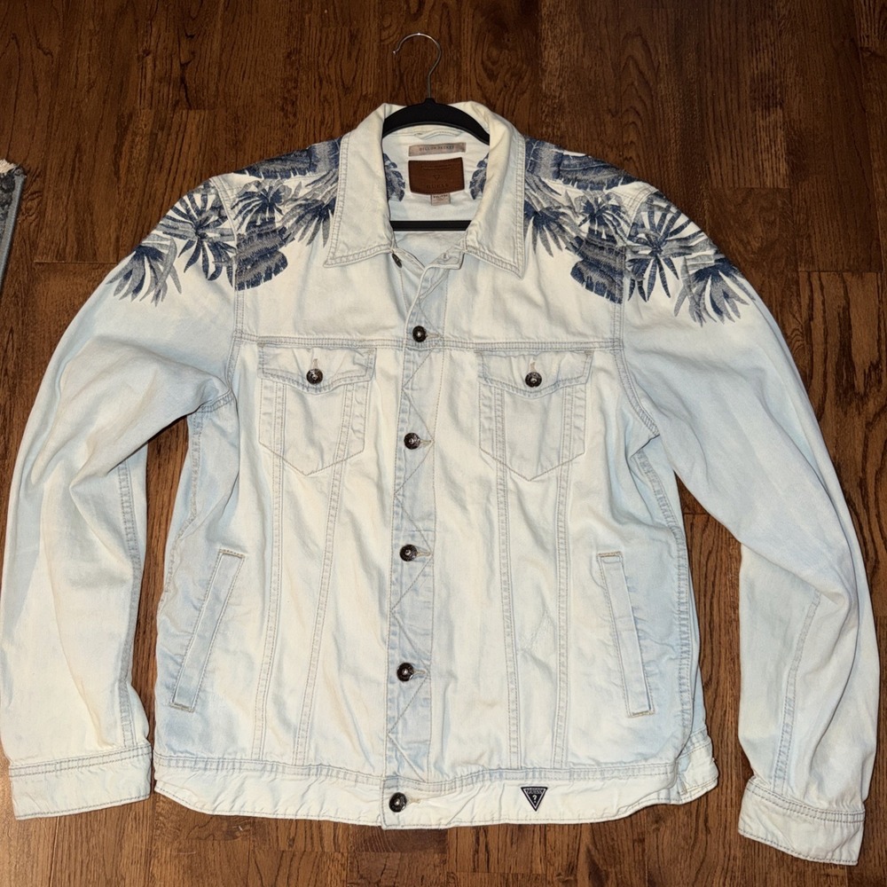 Guess Light WASH Y2K Dillon Jean Jacket XXL Embroidered Palm Tropical